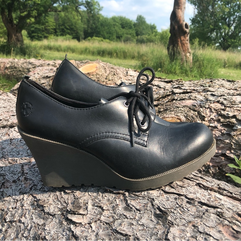 Dr. Martens Black Leather Lace-Up Wedge Booties